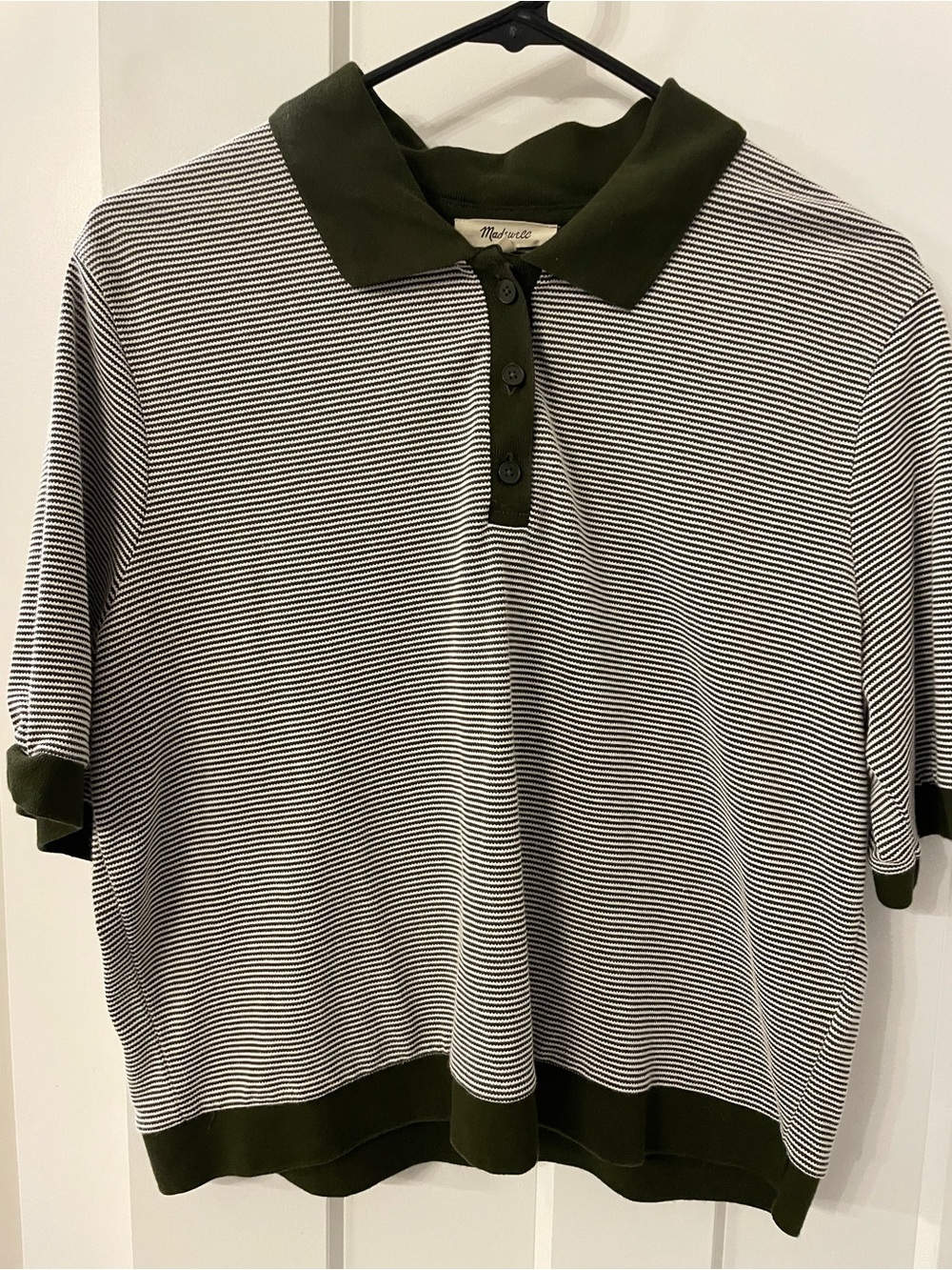 Madewell Olive Green Trim Black & White Striped Short Sleeve Polo